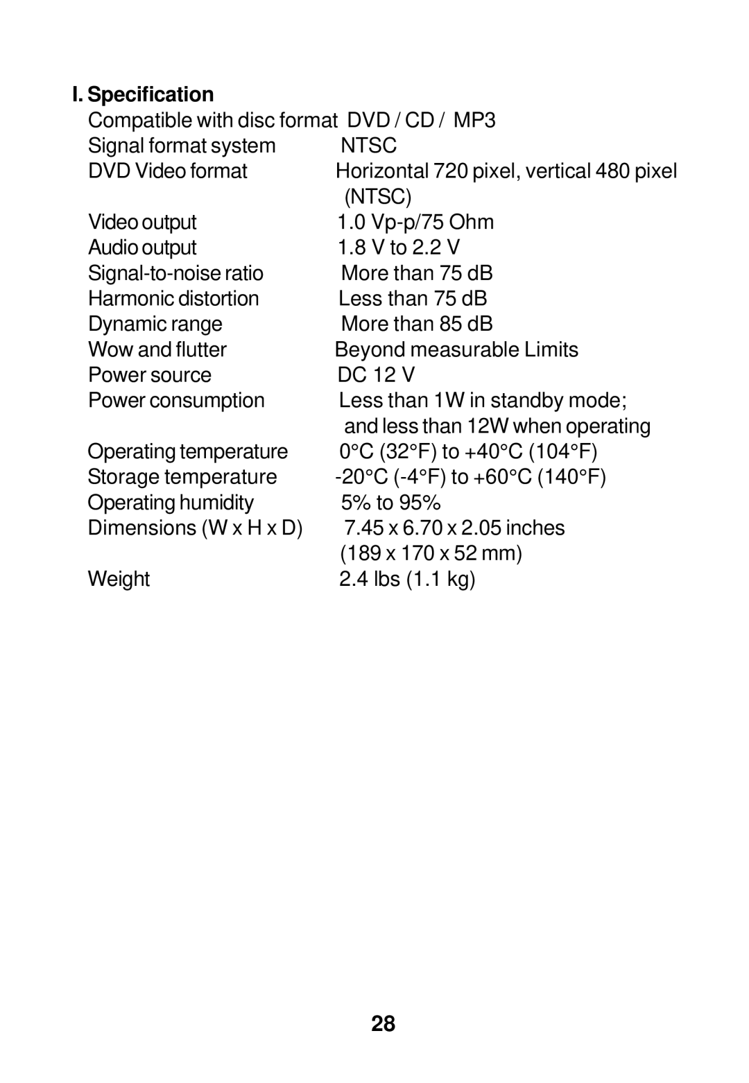 Audiovox AVD300 owner manual Specification 