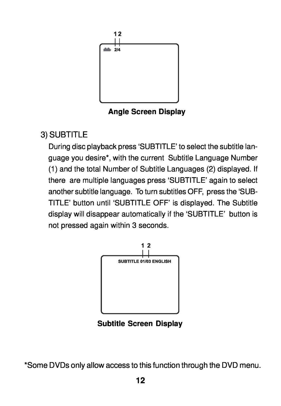 Audiovox AVD300 owner manual Angle Screen Display, Subtitle Screen Display 