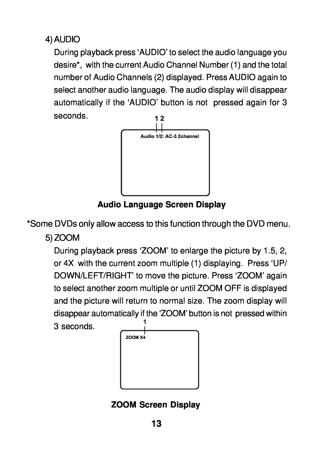 Audiovox AVD300 owner manual Audio Language Screen Display, ZOOM Screen Display 