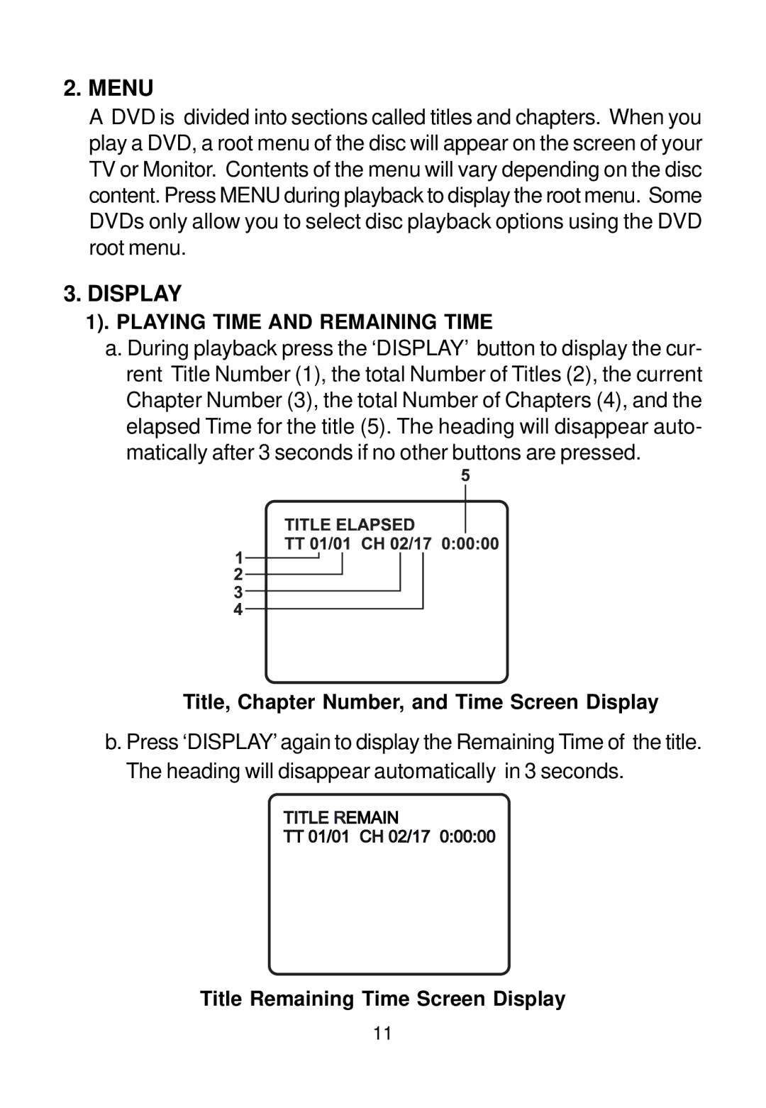 Audiovox AVD300T owner manual Menu, Playing Time and Remaining Time, Title, Chapter Number, and Time Screen Display 