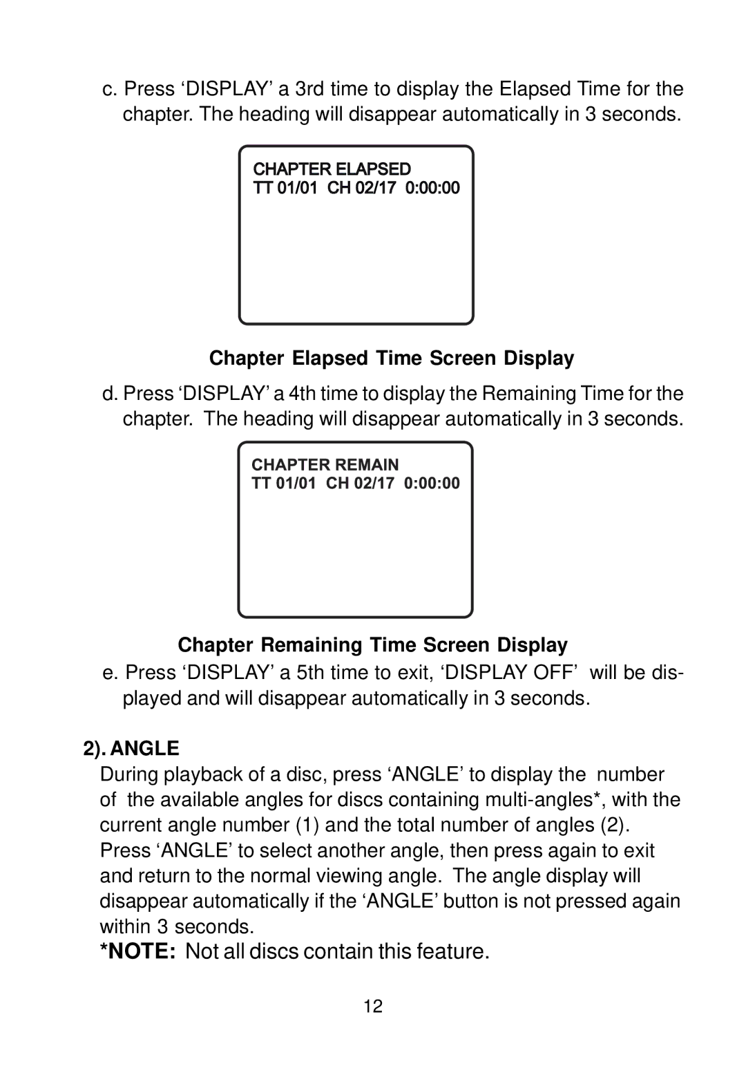 Audiovox AVD300T owner manual Chapter Elapsed Time Screen Display, Chapter Remaining Time Screen Display, Angle 