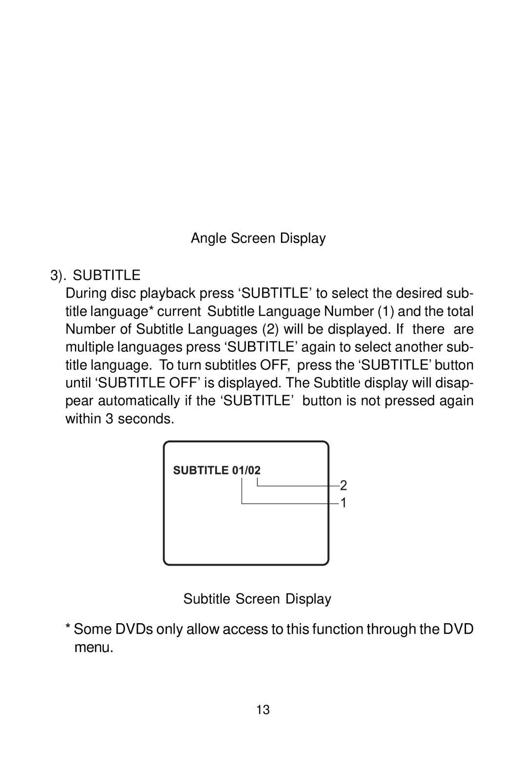 Audiovox AVD300T owner manual Angle Screen Display, Subtitle Screen Display 