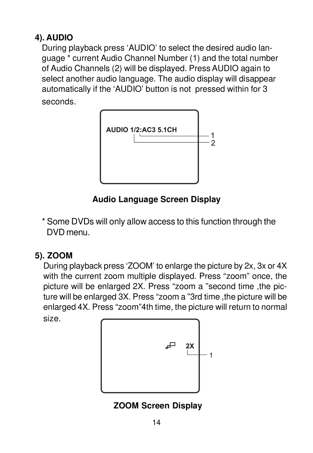 Audiovox AVD300T owner manual Audio Language Screen Display, Zoom Screen Display 