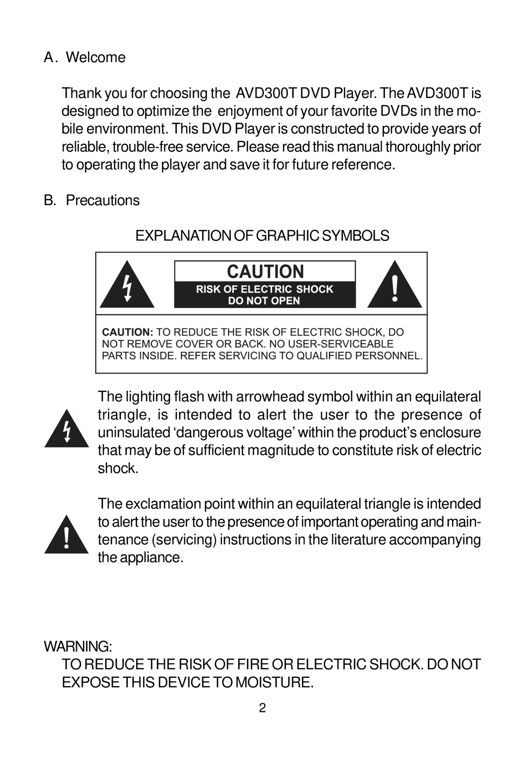 Audiovox AVD300T owner manual Explanation of Graphic Symbols 
