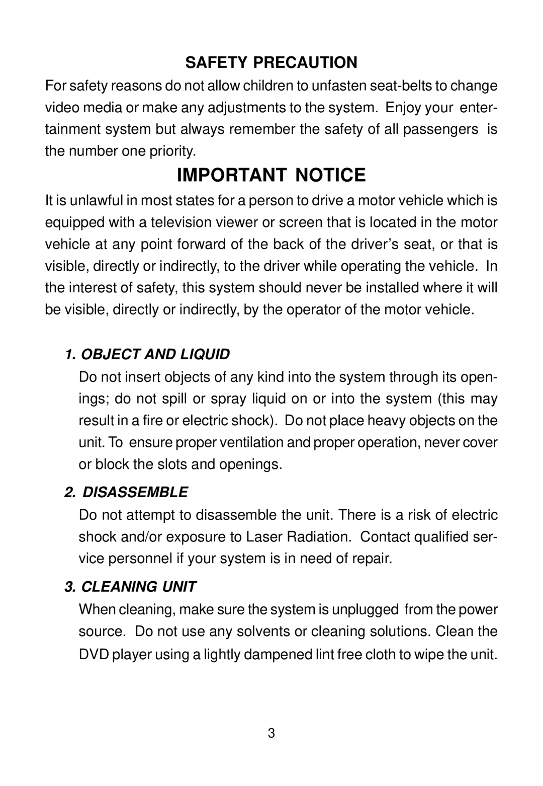 Audiovox AVD300T owner manual Important Notice, Safety Precaution 