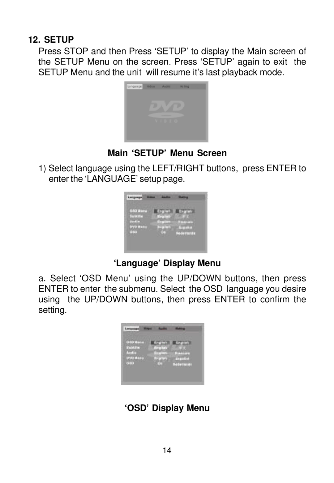 Audiovox AVD400 owner manual Setup, Main ‘SETUP’ Menu Screen, ‘Language’ Display Menu, ‘OSD’ Display Menu 