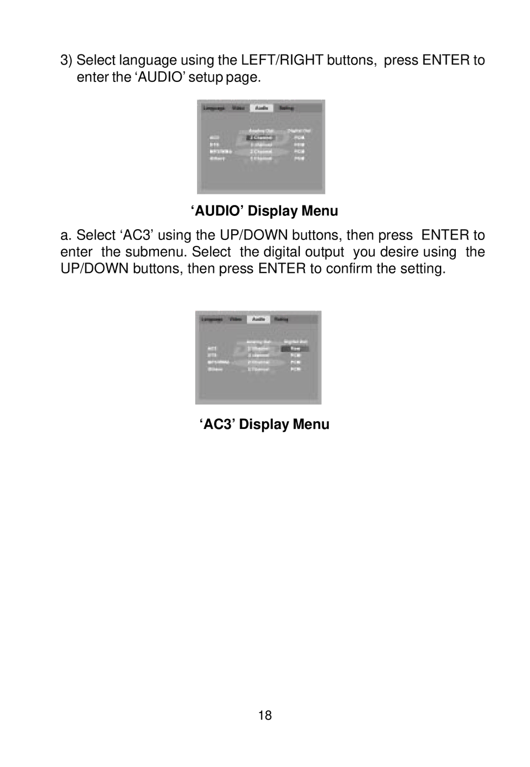 Audiovox AVD400 owner manual ‘AUDIO’ Display Menu, ‘AC3’ Display Menu 