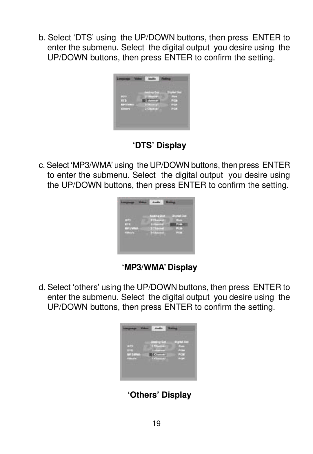 Audiovox AVD400 owner manual ‘DTS’ Display, ‘MP3/WMA’ Display, ‘Others’ Display 