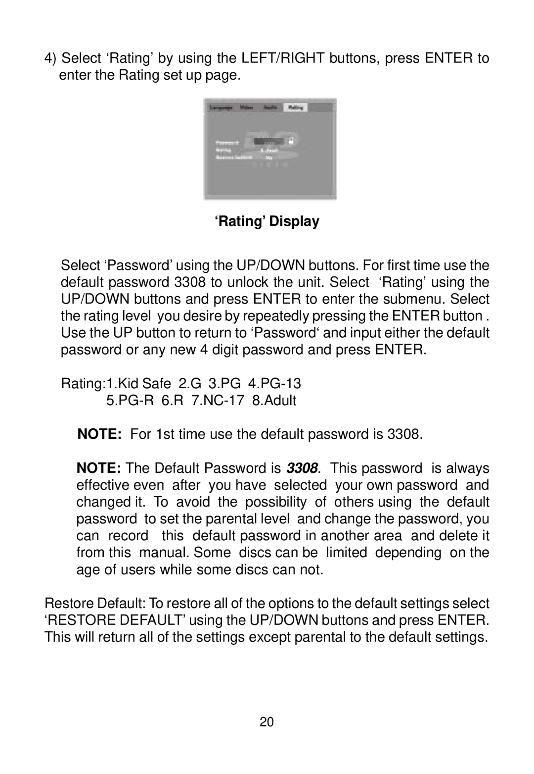 Audiovox AVD400 owner manual ‘Rating’ Display 