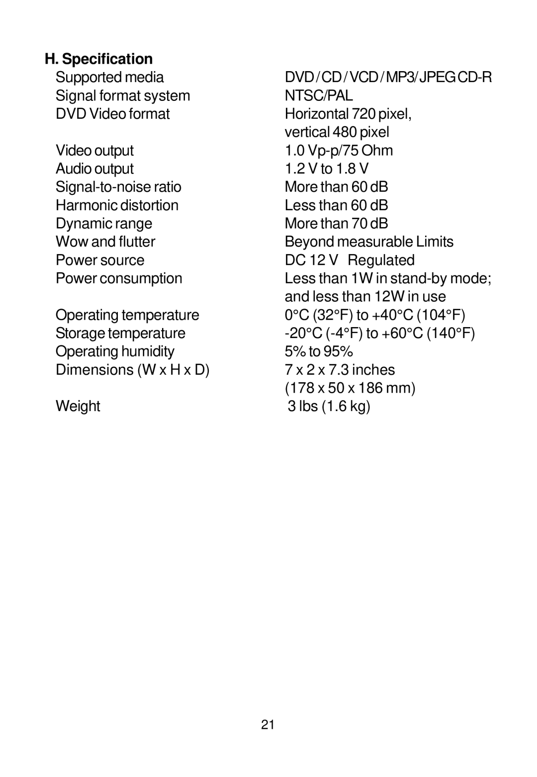 Audiovox AVD400 owner manual Specification, Ntsc/Pal 