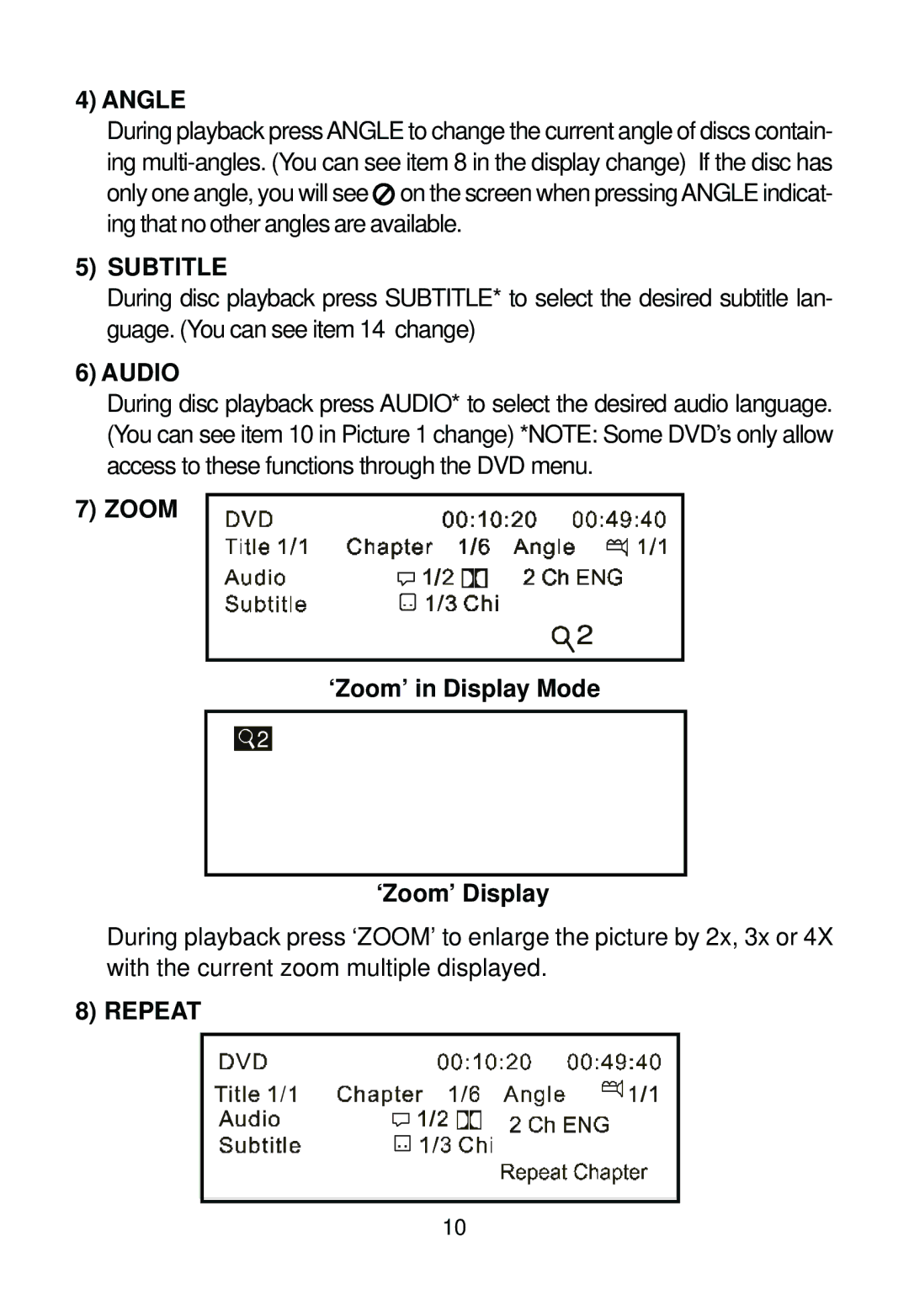 Audiovox AVD400 owner manual Angle, Subtitle, Audio, Zoom, Repeat 