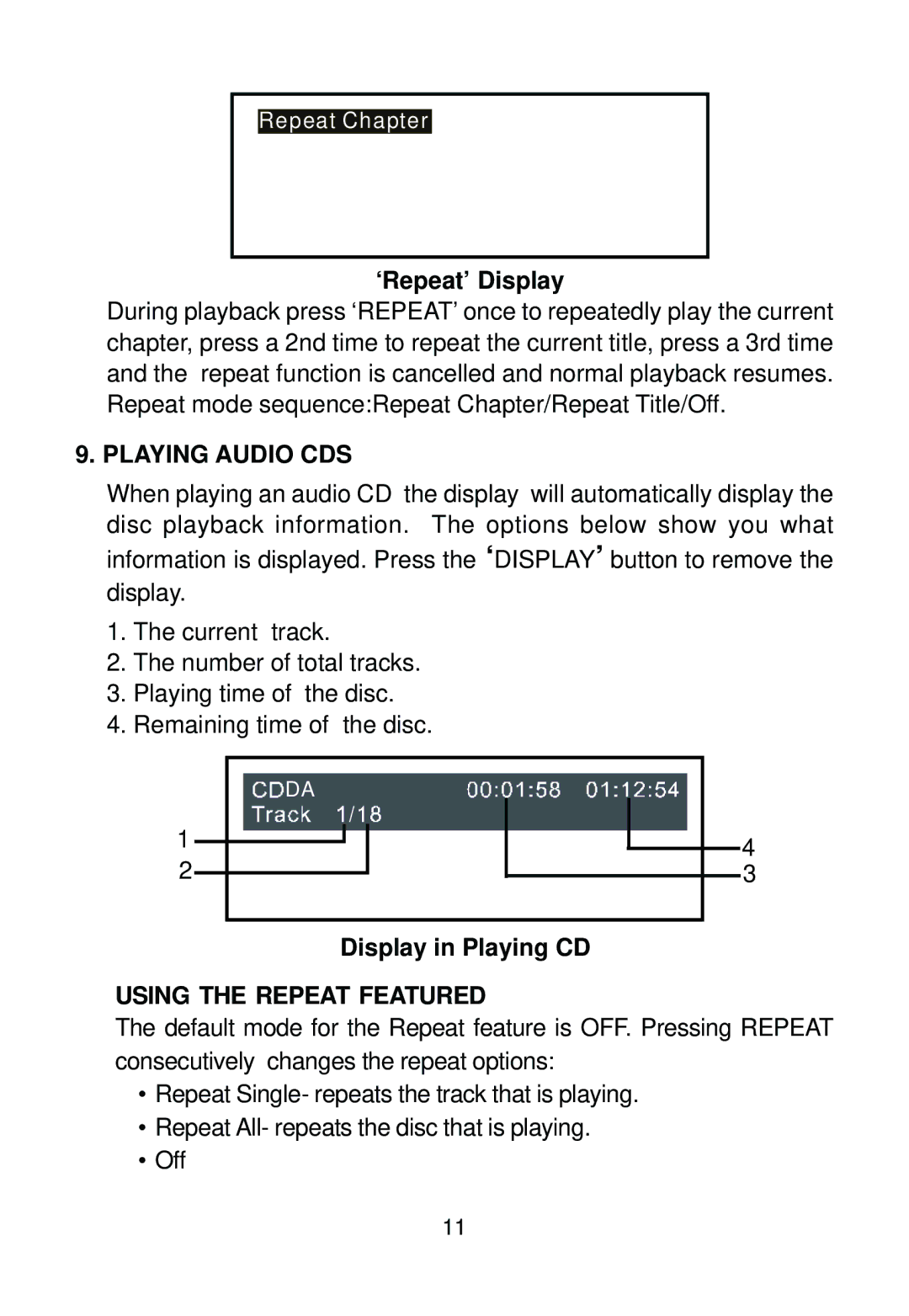 Audiovox AVD400 owner manual ‘Repeat’ Display, Playing Audio CDS, Display in Playing CD, Using the Repeat Featured 