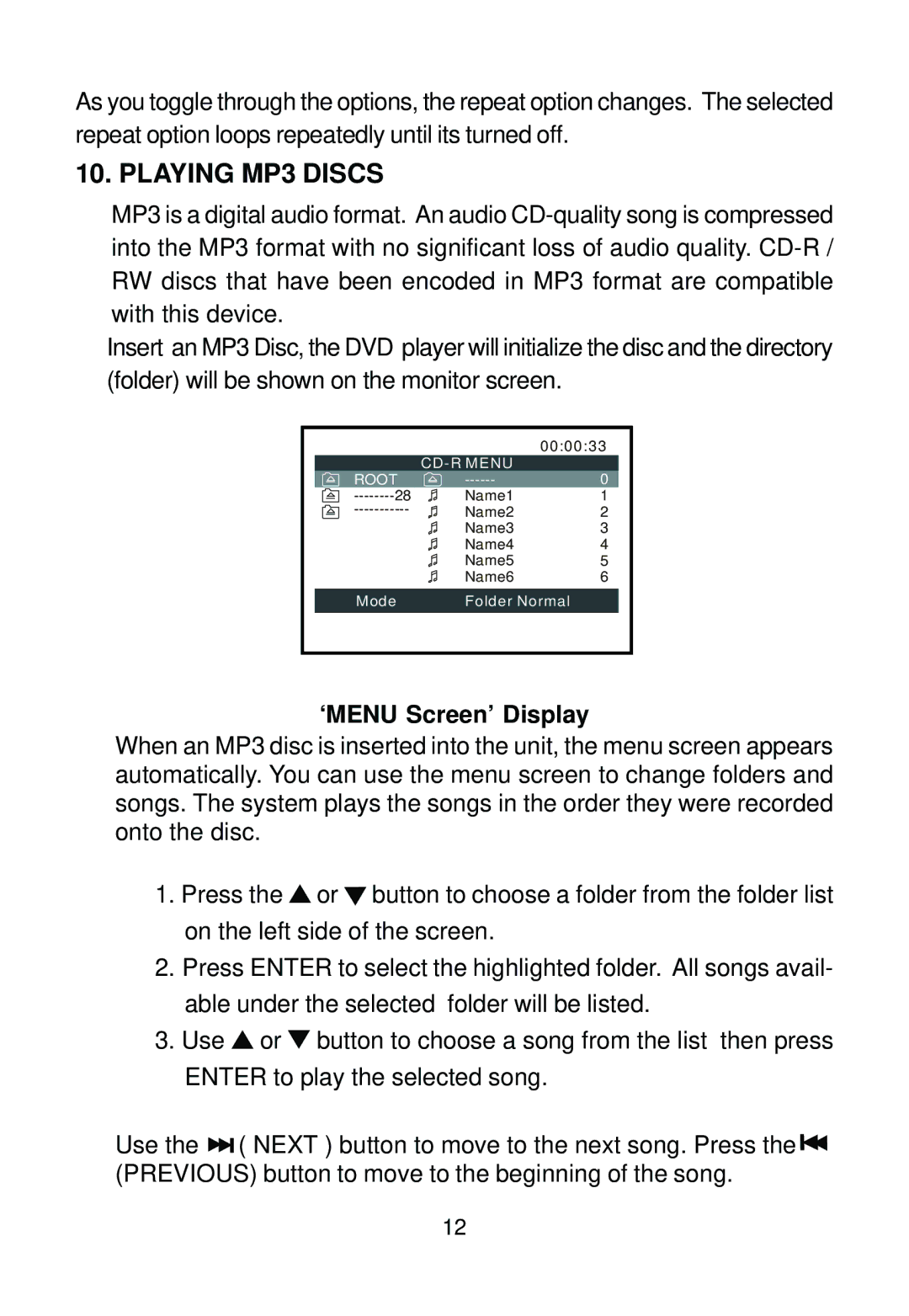 Audiovox AVD400 owner manual Playing MP3 Discs, ‘MENU Screen’ Display 