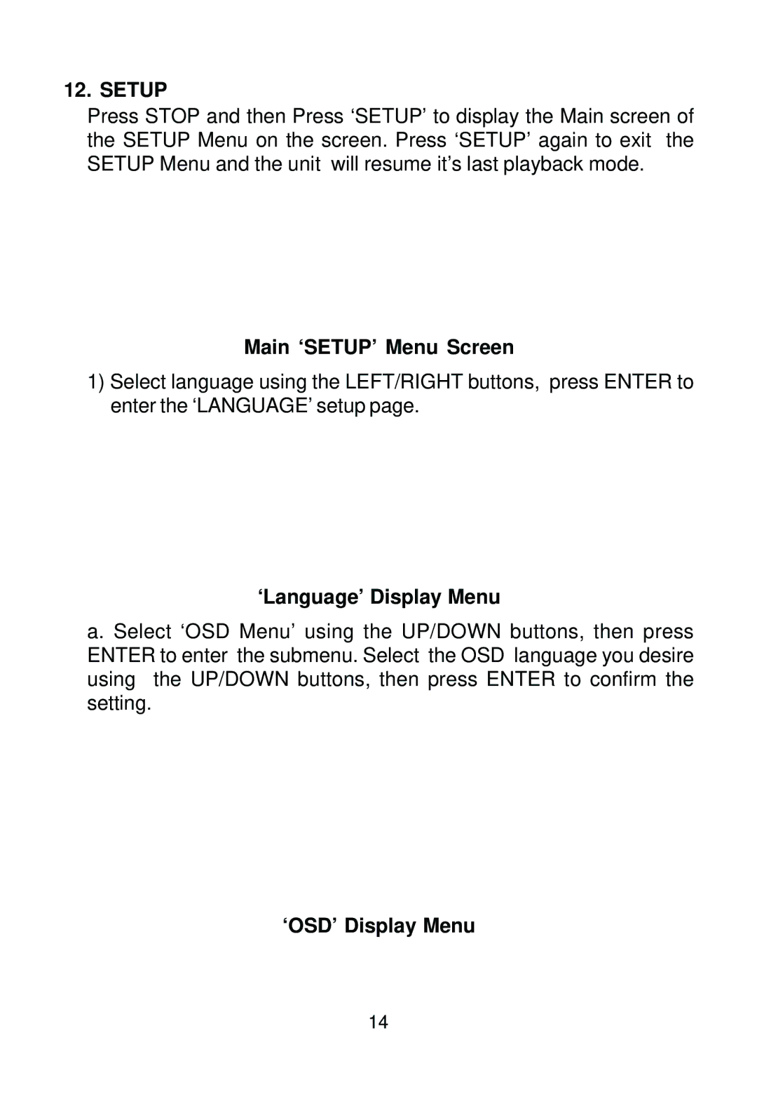 Audiovox AVD400 owner manual Setup, Main ‘SETUP’ Menu Screen, ‘Language’ Display Menu, ‘OSD’ Display Menu 