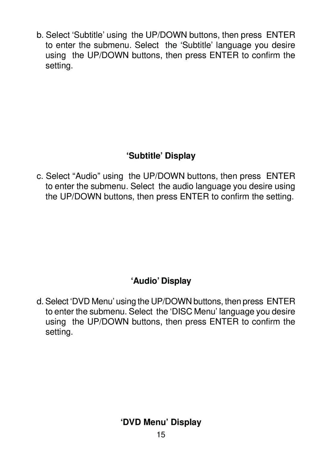 Audiovox AVD400 owner manual ‘Subtitle’ Display, ‘Audio’ Display, ‘DVD Menu’ Display 