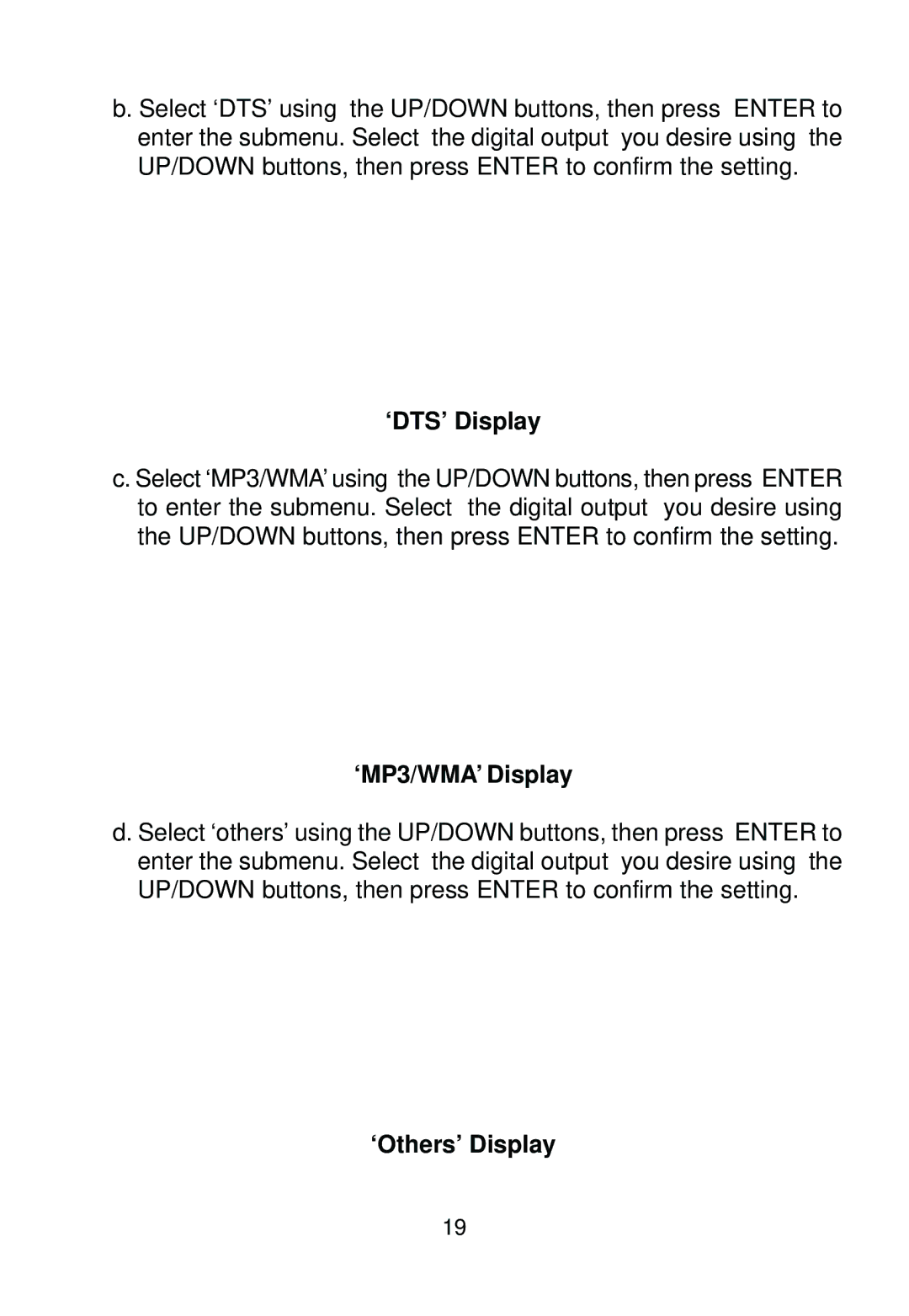 Audiovox AVD400 owner manual ‘DTS’ Display, ‘MP3/WMA’ Display, ‘Others’ Display 