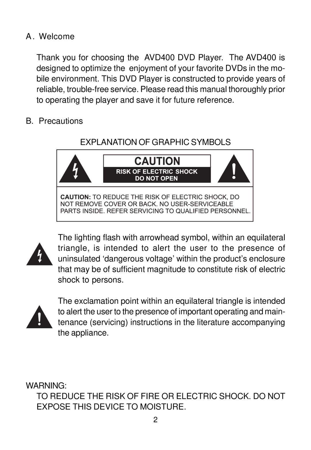 Audiovox AVD400 owner manual Explanation of Graphic Symbols 