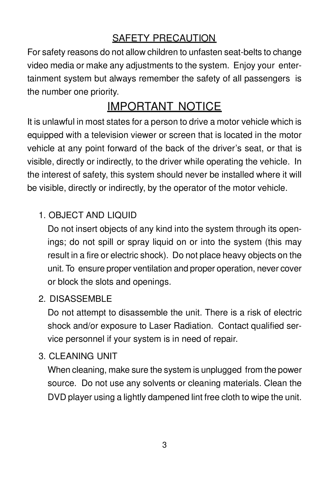 Audiovox AVD400 owner manual Important Notice, Safety Precaution 