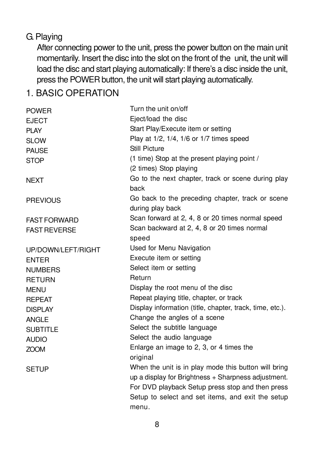 Audiovox AVD400 owner manual Basic Operation, Playing 