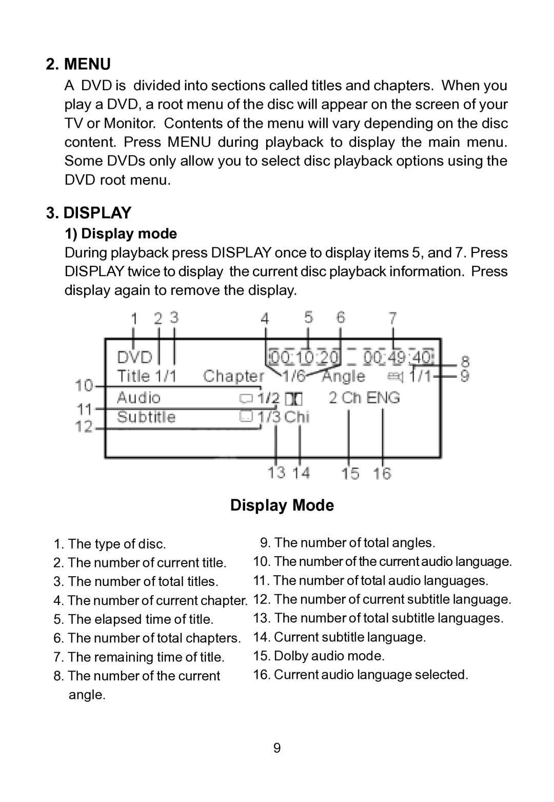 Audiovox AVD400 owner manual Menu, Display mode 