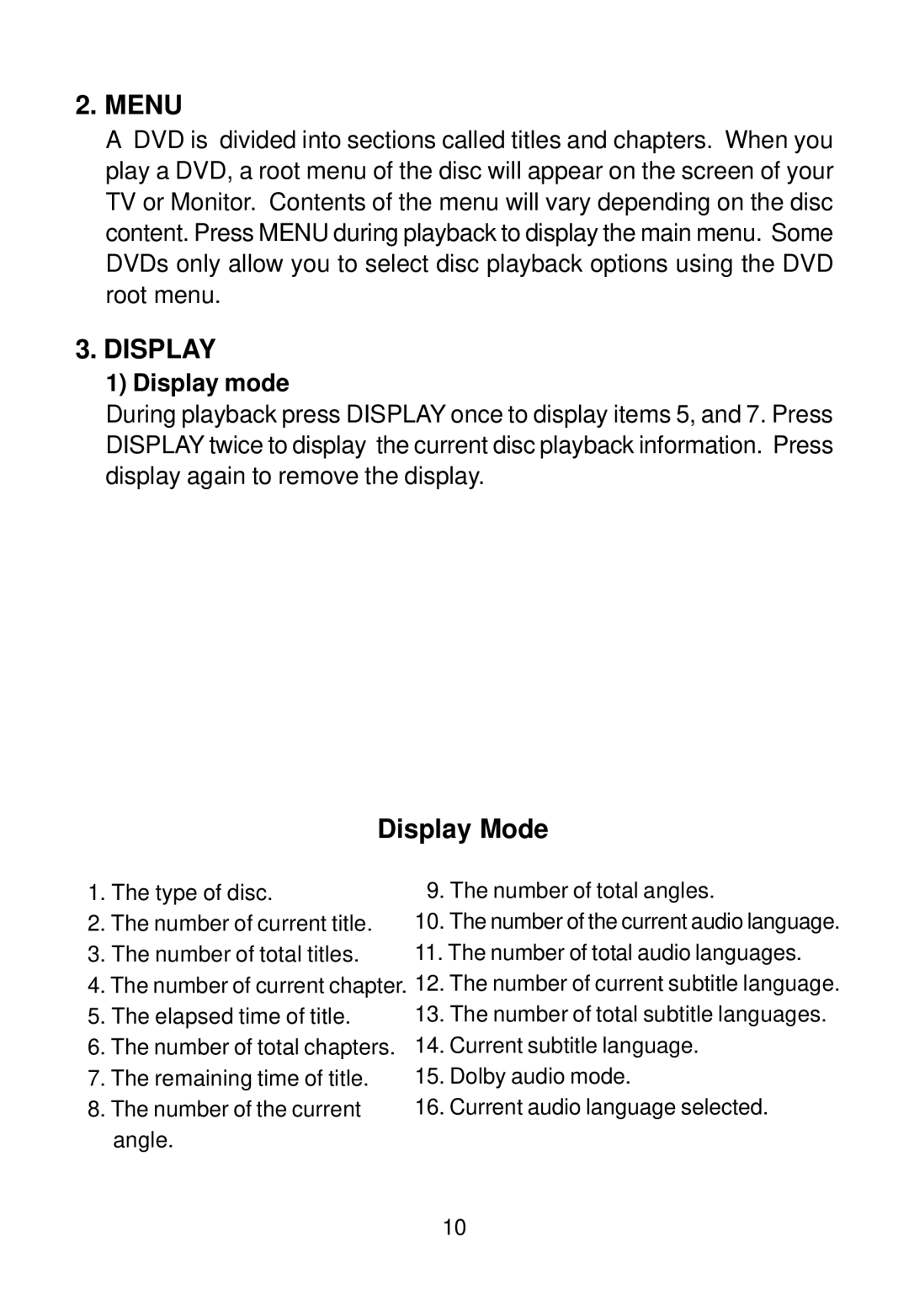 Audiovox AVD400A owner manual Menu, Display mode 