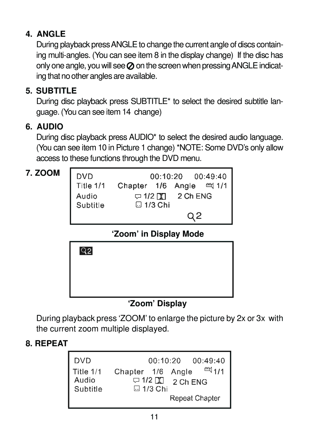 Audiovox AVD400A owner manual Angle, ‘Zoom’ in Display Mode ‘Zoom’ Display 