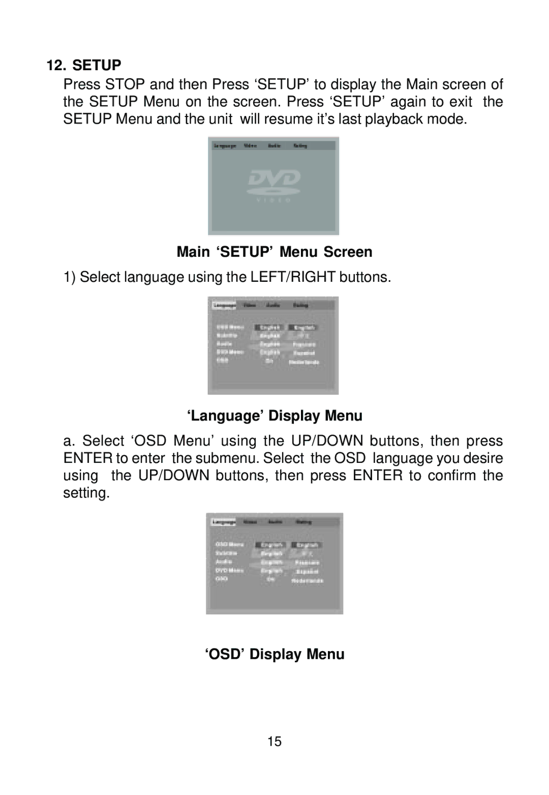 Audiovox AVD400A owner manual Main ‘SETUP’ Menu Screen, ‘Language’ Display Menu, ‘OSD’ Display Menu 