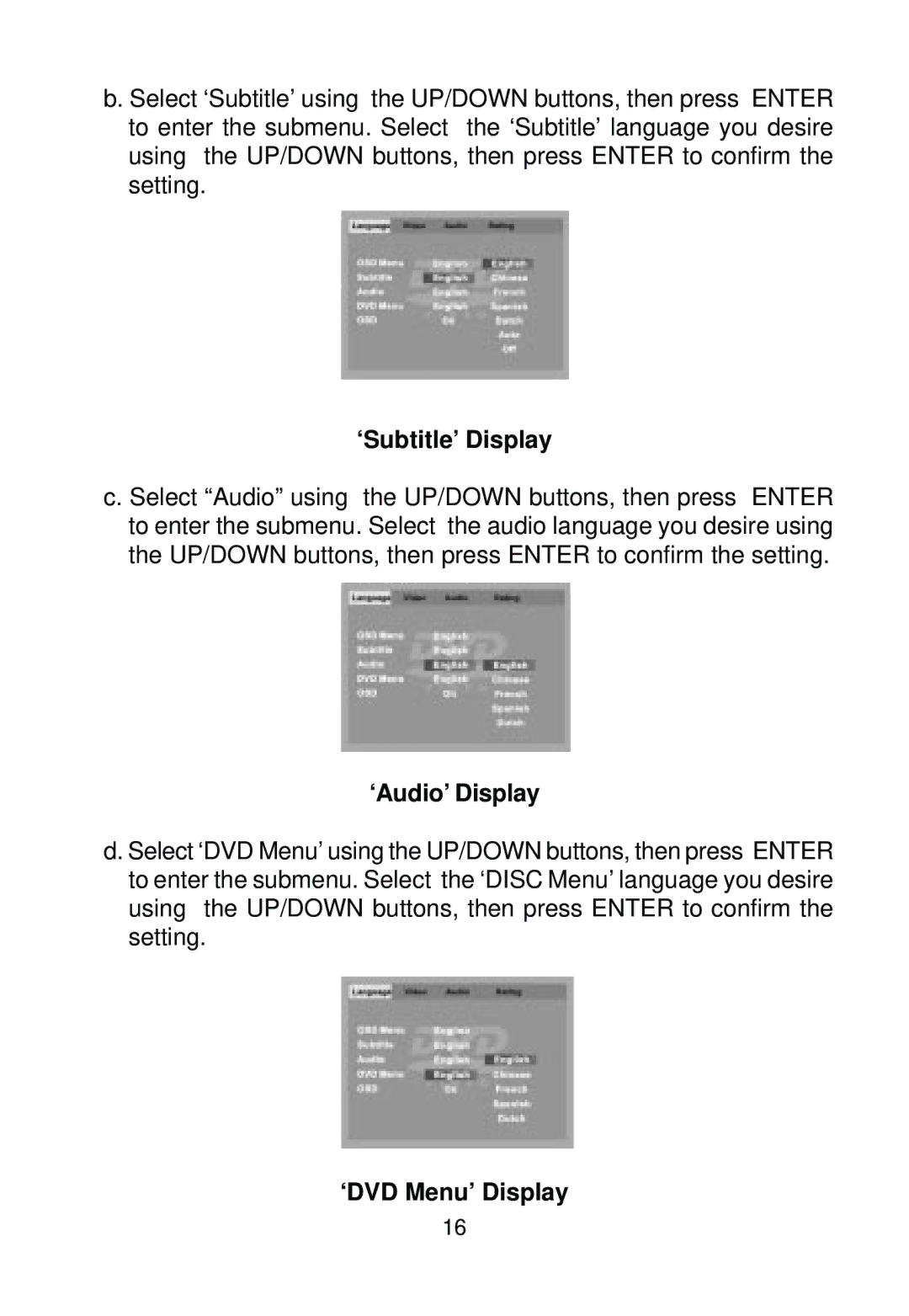 Audiovox AVD400A owner manual ‘Subtitle’ Display, ‘Audio’ Display, ‘DVD Menu’ Display 