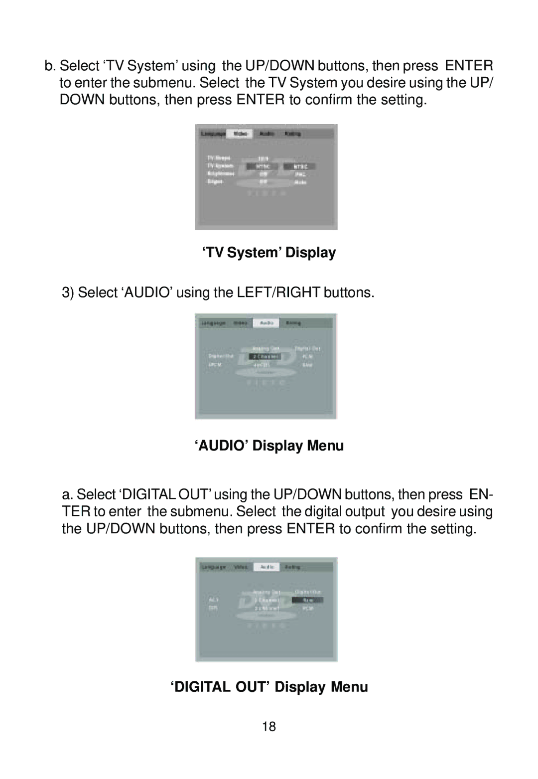 Audiovox AVD400A owner manual ‘TV System’ Display, ‘AUDIO’ Display Menu, ‘DIGITAL OUT’ Display Menu 