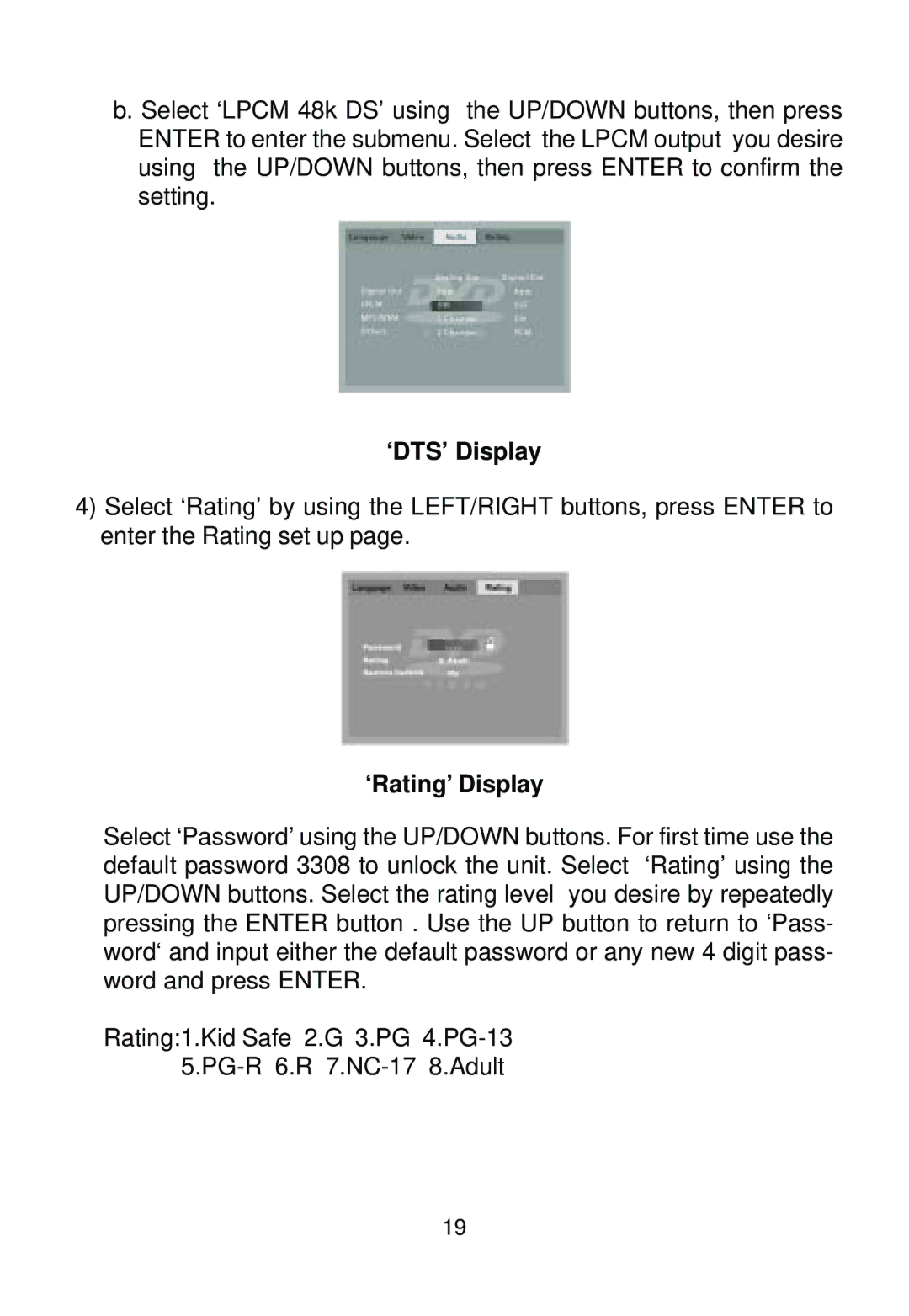 Audiovox AVD400A owner manual ‘DTS’ Display, ‘Rating’ Display 