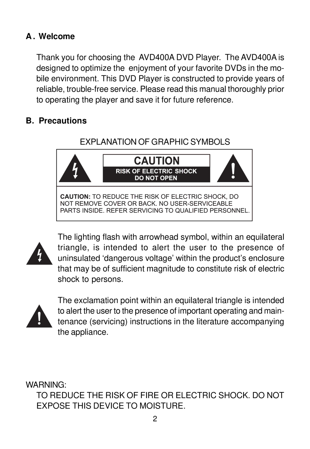 Audiovox AVD400A owner manual Welcome, Precautions 