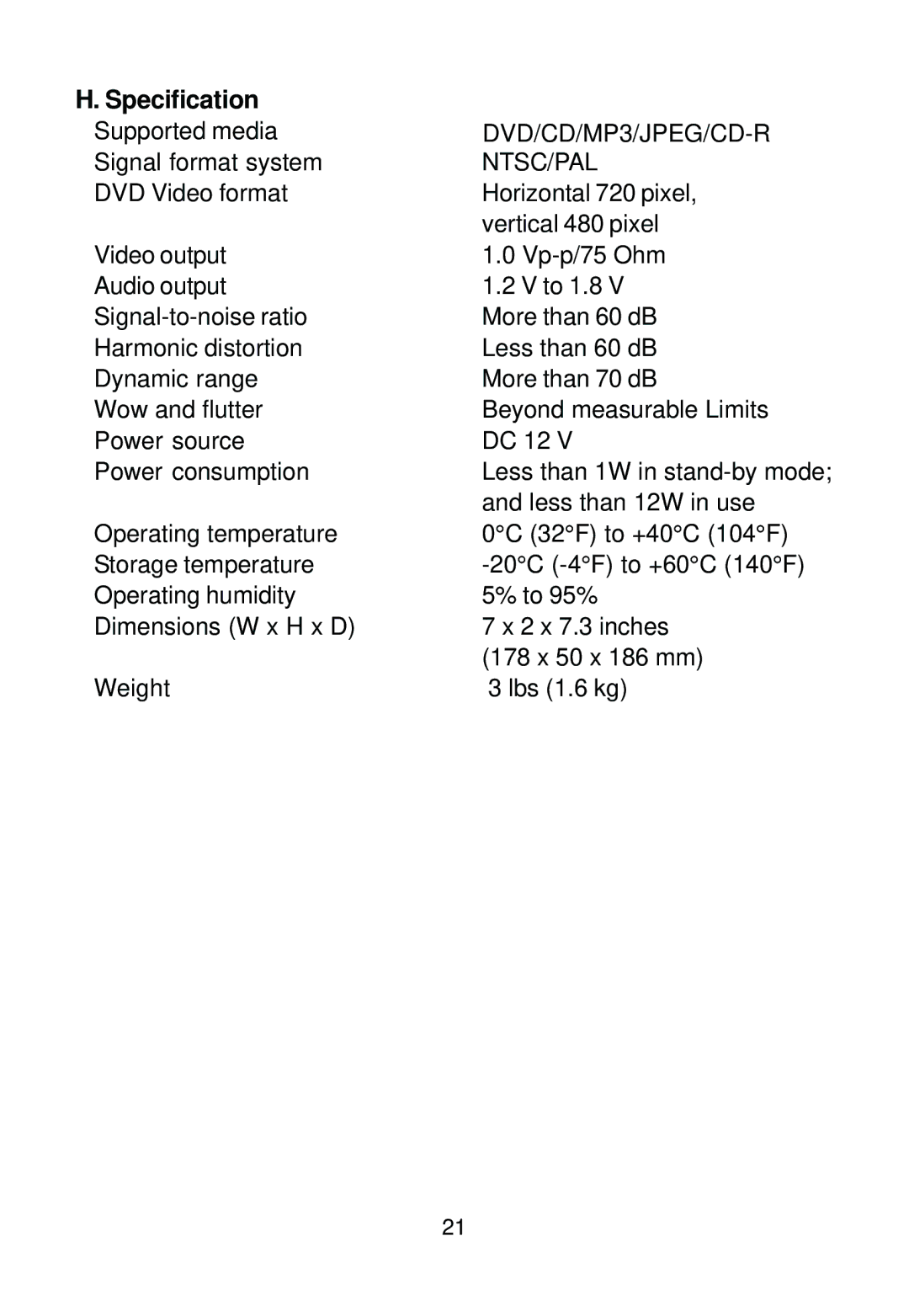 Audiovox AVD400A owner manual Specification, Ntsc/Pal 