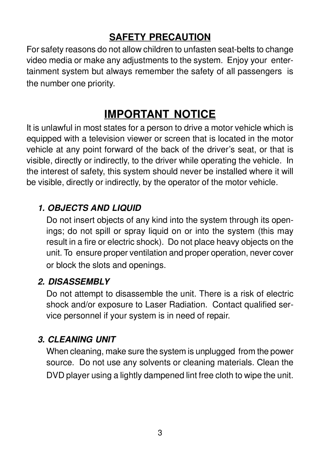 Audiovox AVD400A owner manual Important Notice, Safety Precaution 