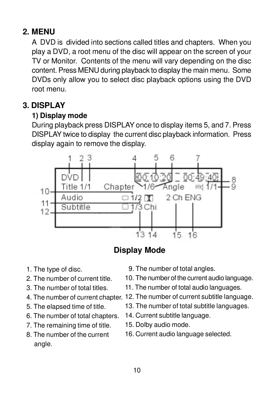 Audiovox AVD400A owner manual Menu, Display mode 