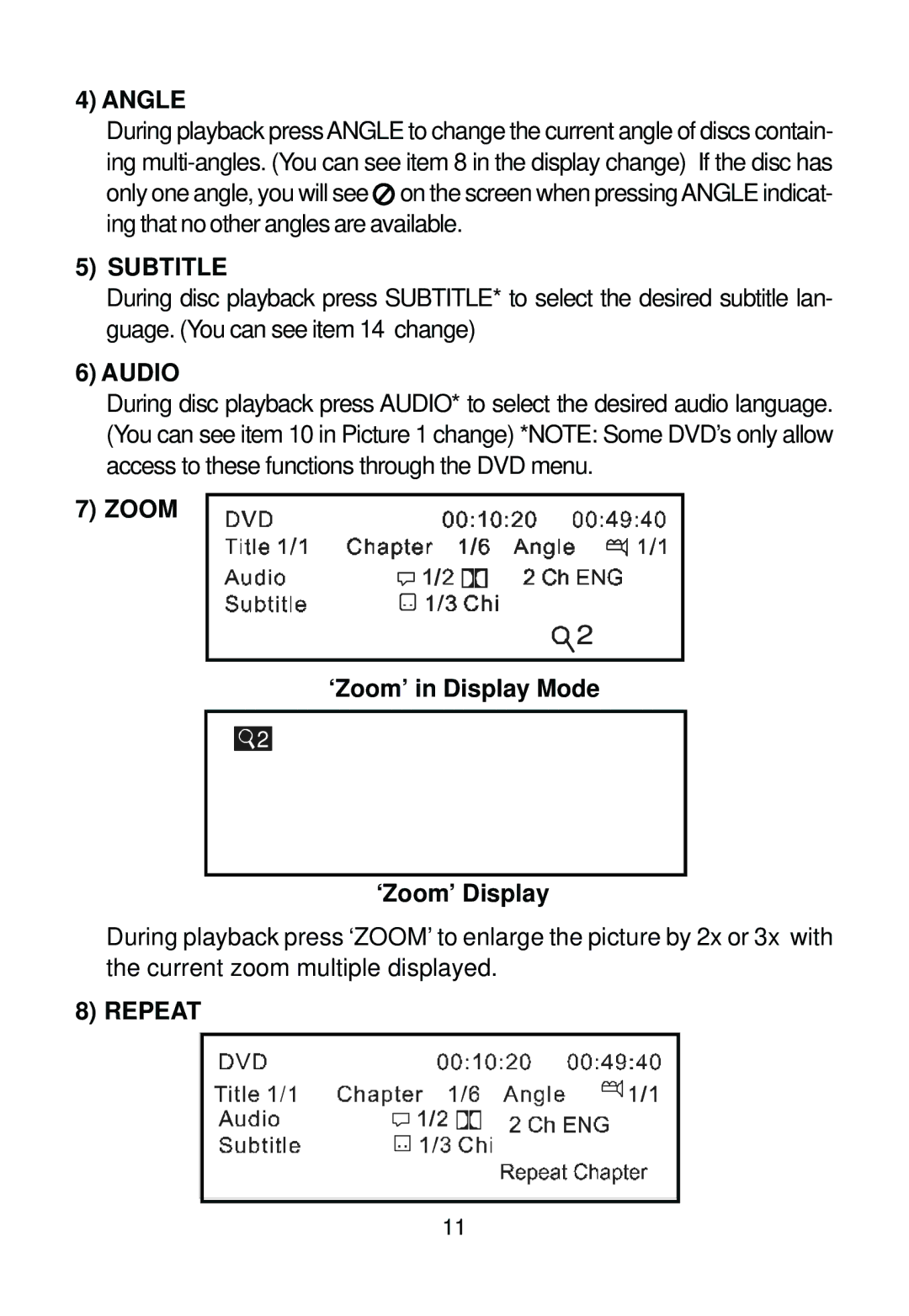 Audiovox AVD400A owner manual Angle, Subtitle, Audio, Zoom, Repeat 