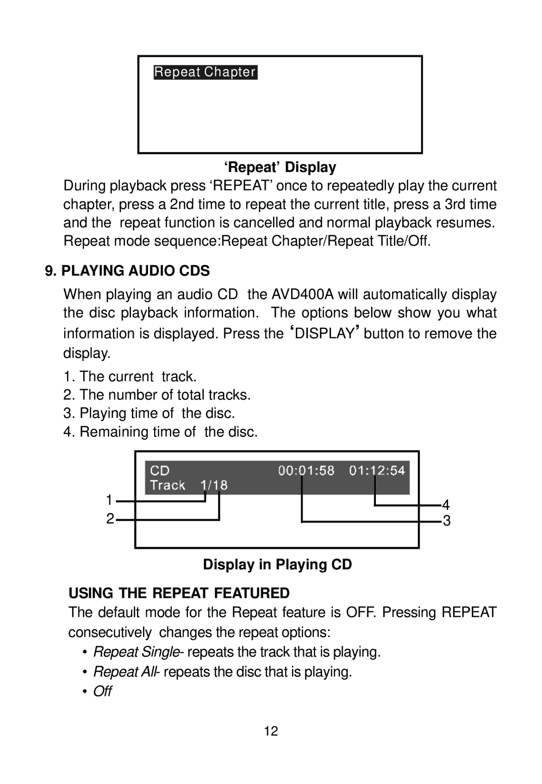 Audiovox AVD400A owner manual ‘Repeat’ Display, Playing Audio CDS, Display in Playing CD, Using the Repeat Featured 