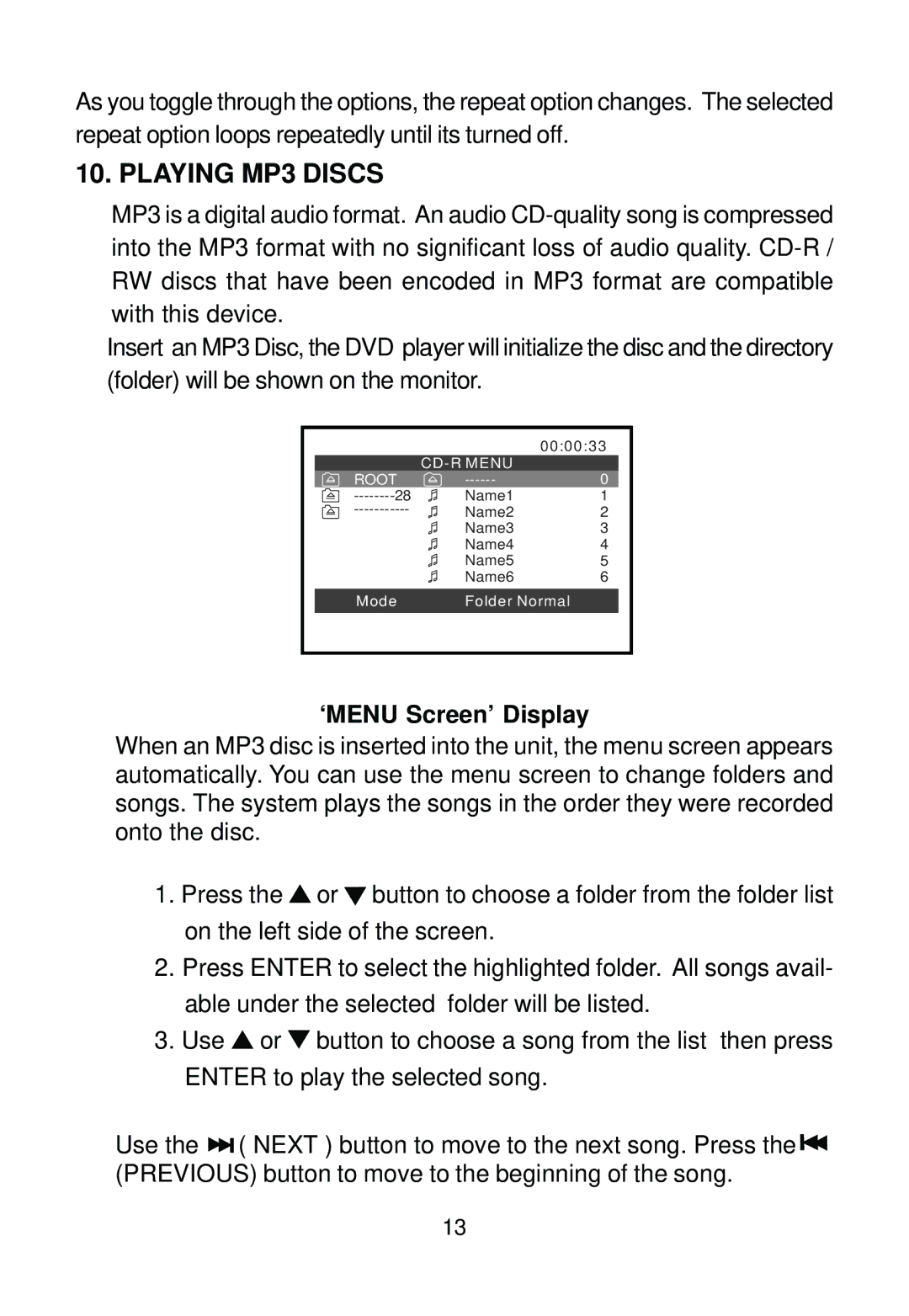 Audiovox AVD400A owner manual Playing MP3 Discs, ‘MENU Screen’ Display 