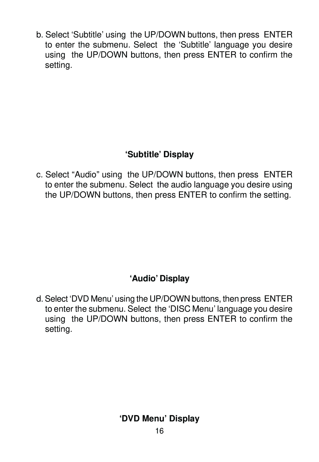 Audiovox AVD400A owner manual ‘Subtitle’ Display, ‘Audio’ Display, ‘DVD Menu’ Display 