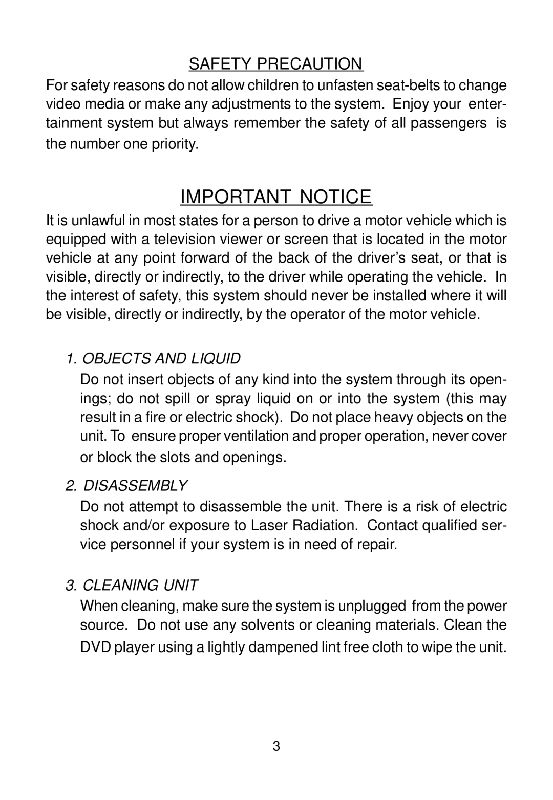 Audiovox AVD400A owner manual Important Notice, Safety Precaution 