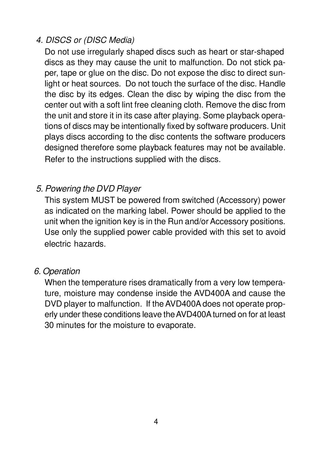 Audiovox AVD400A owner manual Discs or Disc Media 