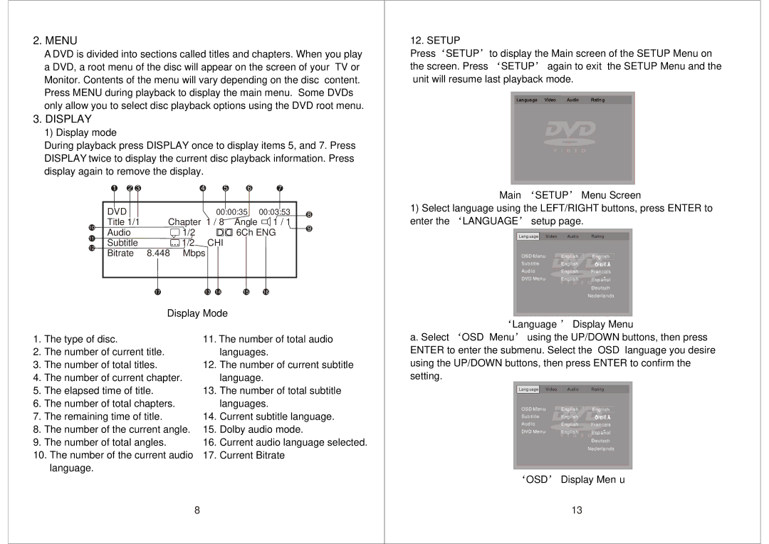 Audiovox AVD400T manual Display mode, Main Setup Menu Screen, Language Display Menu, OSD Display Menu 