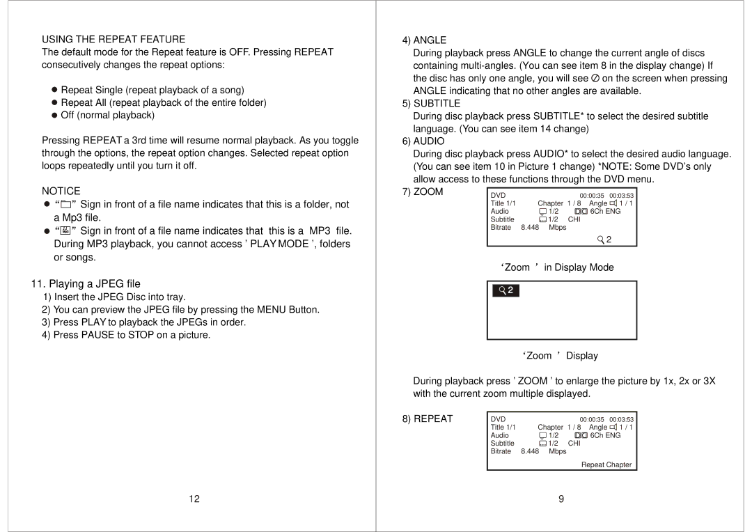 Audiovox AVD400T manual Using the Repeat Feature, Angle, Subtitle, Audio, Zoom Display 