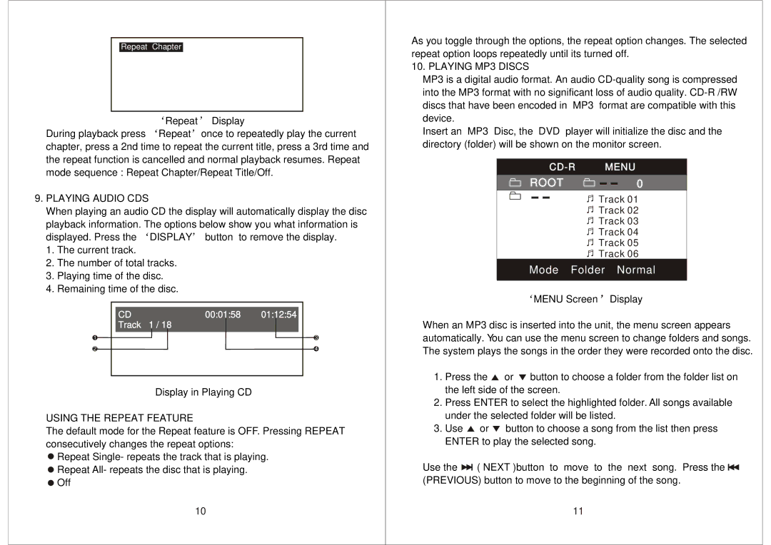 Audiovox AVD400T manual Repeat Display, Playing Audio CDS, Display in Playing CD, Playing MP3 Discs, Menu Screen Display 