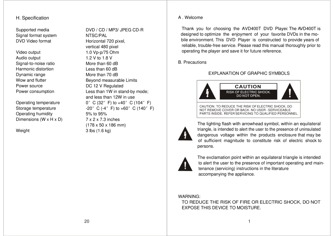 Audiovox AVD400T manual DVD / CD / MP3/ Jpeg CD-R, Ntsc/Pal, Explanation of Graphic Symbols 