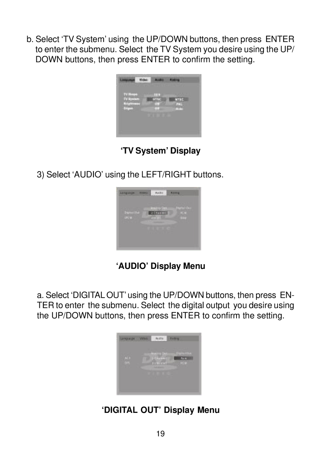 Audiovox AVD400TA owner manual ‘TV System’ Display, ‘AUDIO’ Display Menu, ‘DIGITAL OUT’ Display Menu 