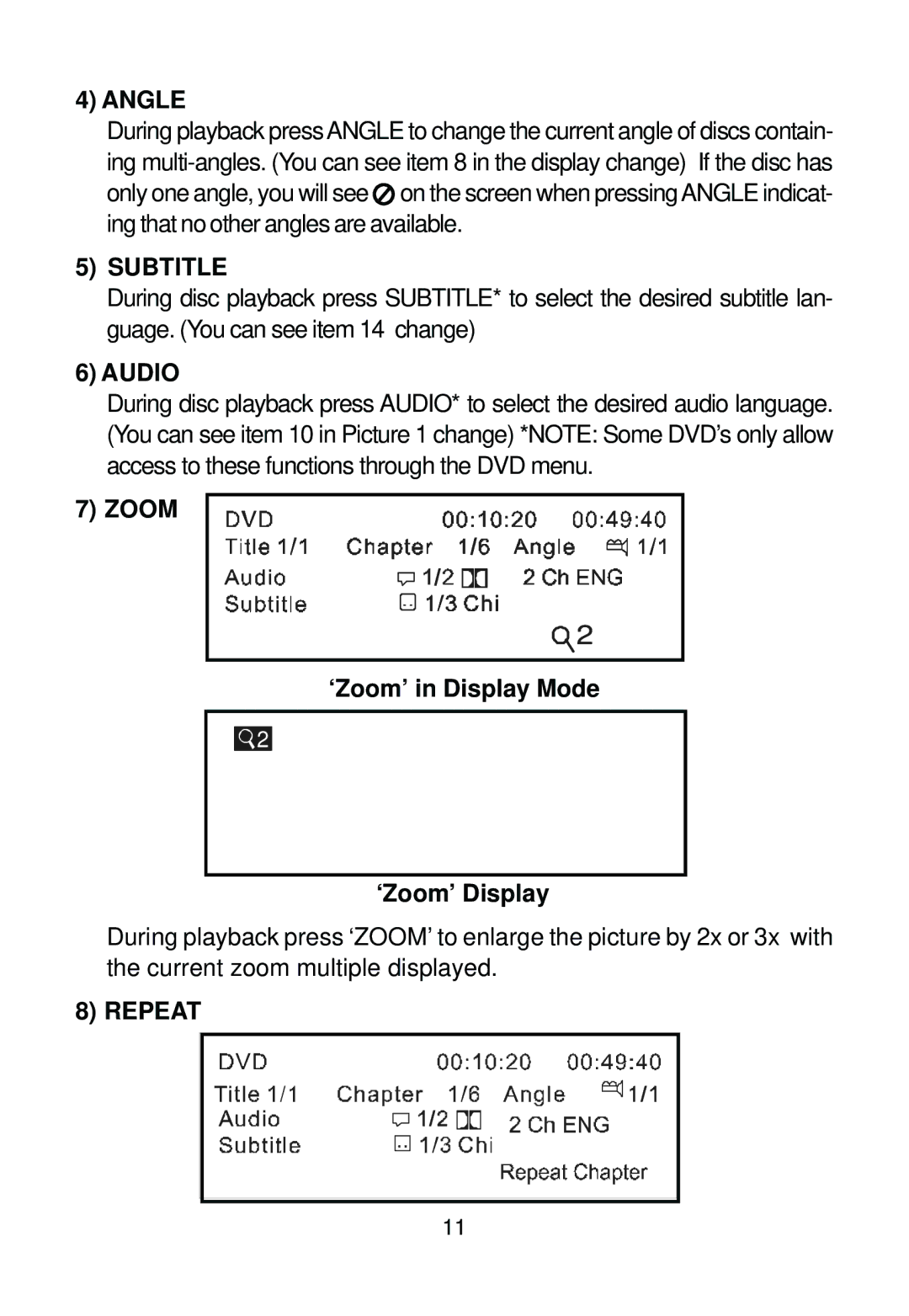 Audiovox AVDHD owner manual Angle, Subtitle, Audio, Zoom, Repeat 