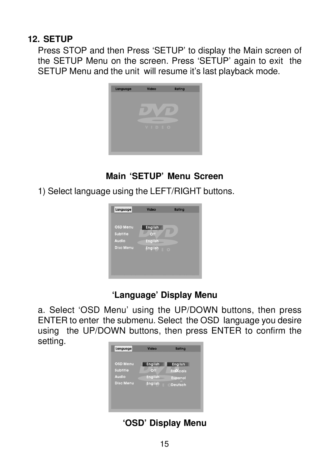 Audiovox AVDHD owner manual Setup, Main ‘SETUP’ Menu Screen, ‘Language’ Display Menu, ‘OSD’ Display Menu 