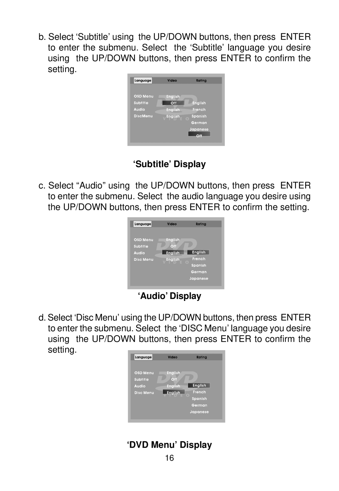 Audiovox AVDHD owner manual ‘Subtitle’ Display, ‘Audio’ Display, ‘DVD Menu’ Display 