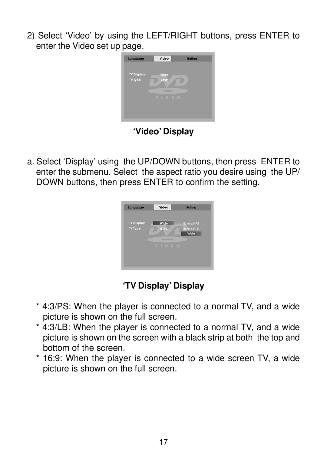 Audiovox AVDHD owner manual ‘Video’ Display, ‘TV Display’ Display 