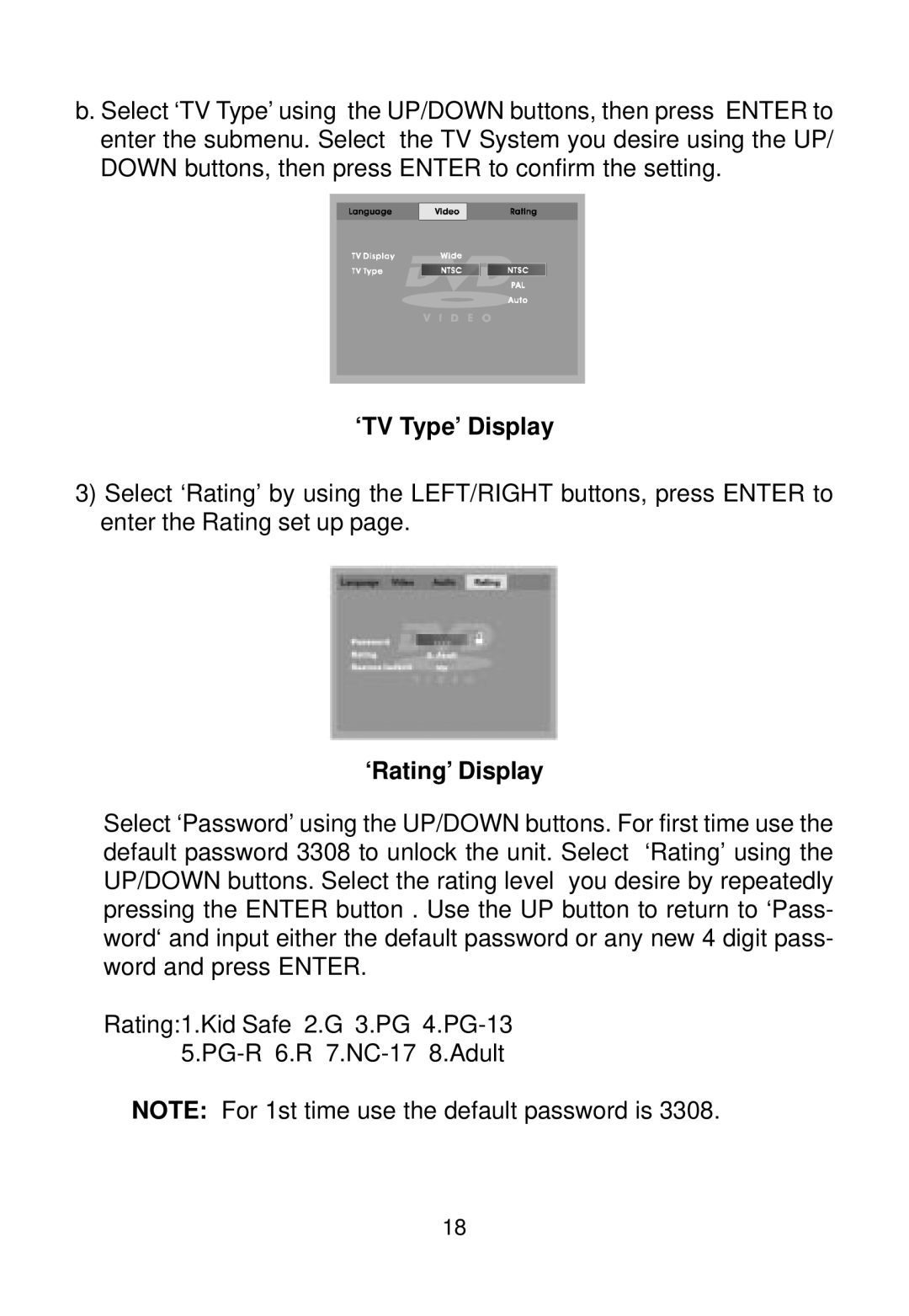 Audiovox AVDHD owner manual ‘TV Type’ Display, ‘Rating’ Display 